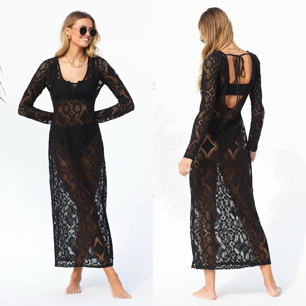 Lulu's Black Long Sleeve Lace Swim Coverup size M